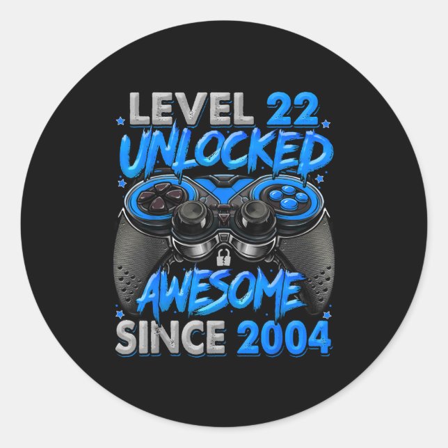 Pegatina Redonda Level 22 Unlocked Awesome Since 2004 22nd Birthday (Anverso)