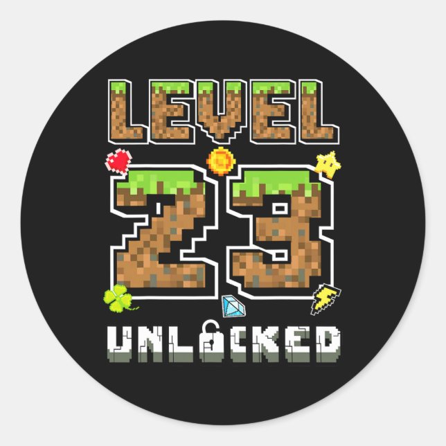 Pegatina Redonda Level 23 Unlocked Birthday 23rd Years Bday Gamer P (Anverso)