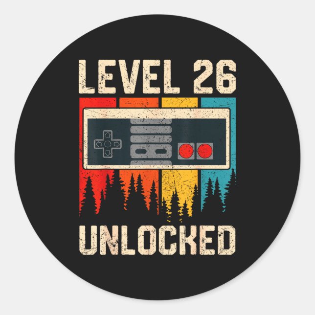 Pegatina Redonda Level 26 Unlocked Video Game Controller Birthday M (Anverso)