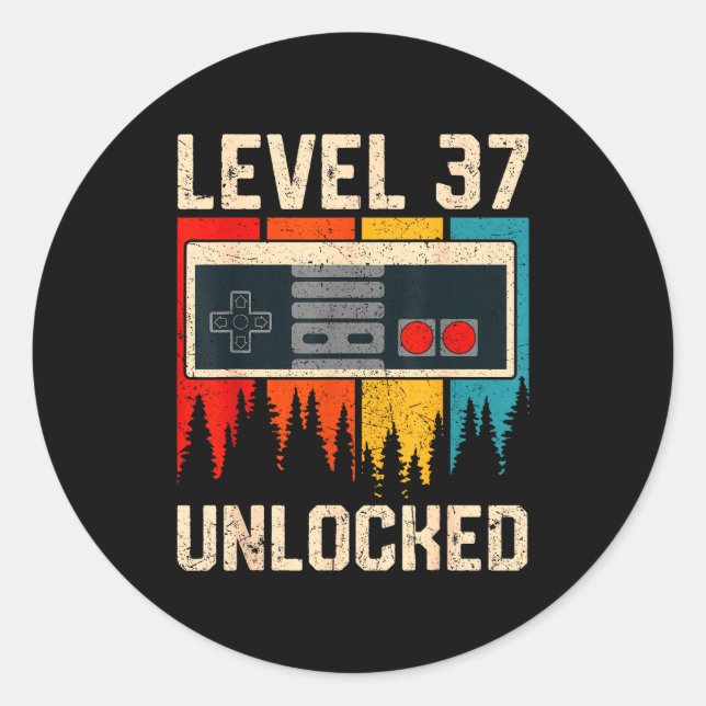 Pegatina Redonda Level 37 Unlocked Video Game Controller Birthday M (Anverso)
