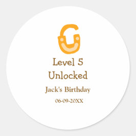 Pegatina Redonda Level 5 unlocked lock orange brown happy birthday