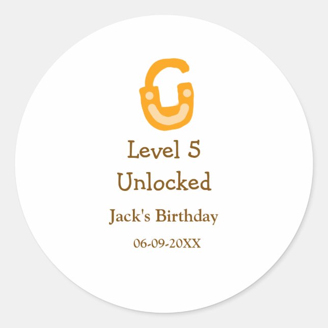 Pegatina Redonda Level 5 unlocked lock orange brown happy birthday  (Anverso)
