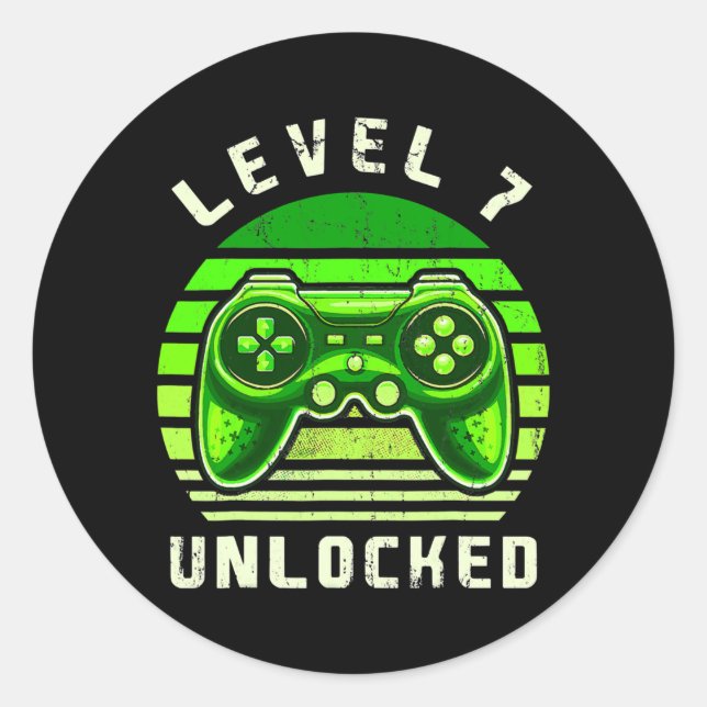 Pegatina Redonda Level 7 Unlocked Video Game 7th Birthday Gamer (Anverso)