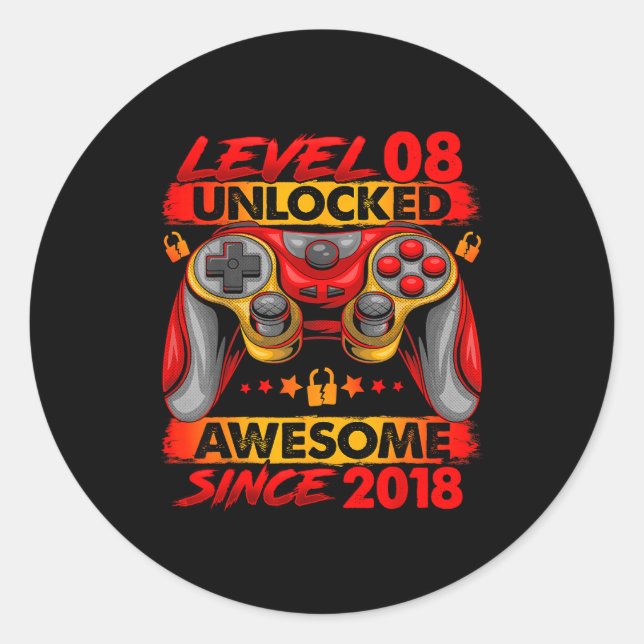 Pegatina Redonda Level 8 Unlocked 8 Year Old Boys 8th Birthday Boy  (Anverso)
