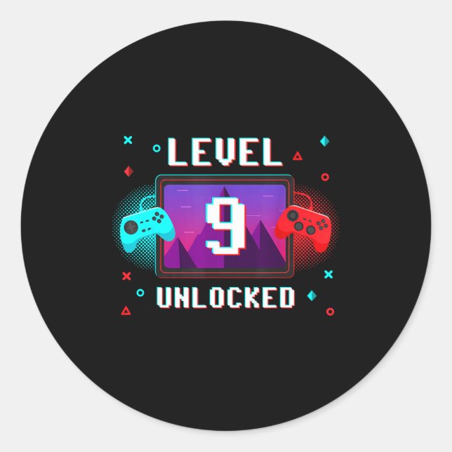 Pegatina Redonda Level 9 Unlocked Video Gamer Funny 9th Birthday Bo (Anverso)