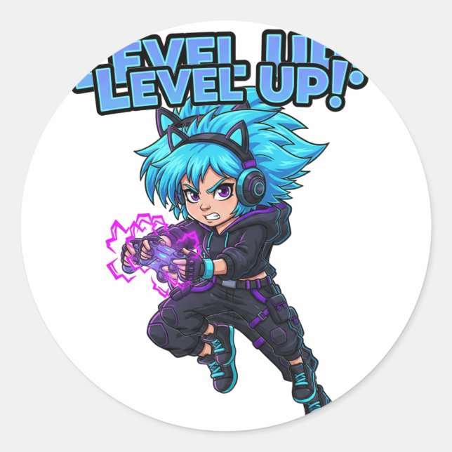 Pegatina Redonda Level up gaming Sticker (Anverso)
