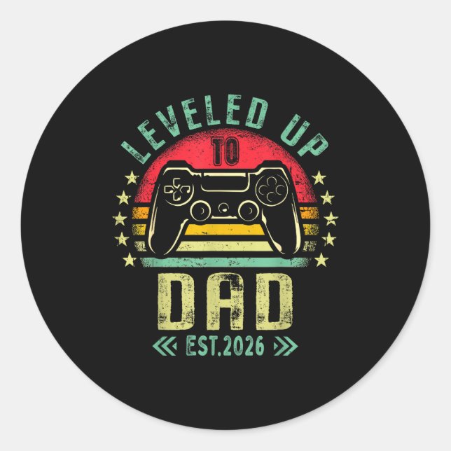 Pegatina Redonda Leveled Up To Dad 2026 Promoted To Daddy Level Unl (Anverso)