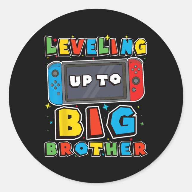 Pegatina Redonda Leveling Up To Big Brother For Gamer Boys Kids Men (Anverso)