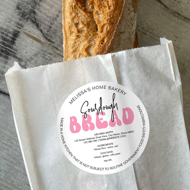 Pegatina Redonda Ley de algodón de Groovy Rosado Retro de Pan Sourd (Retro pink bread bakery labels with ingredients & your business name, featuring a groovy font)