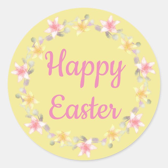 Pegatina Redonda Leyenda floral amarilla y rosa "Feliz Pascua" (Anverso)