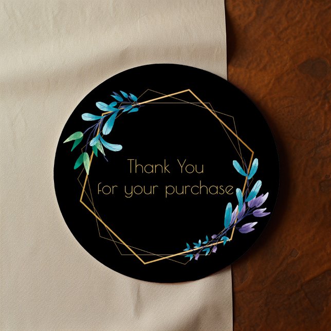 Pegatina Redonda Leyenda geométrica de oro, Gracias por tu compra (Round black thank you sticker with gold frame and watercolor botanical accents)