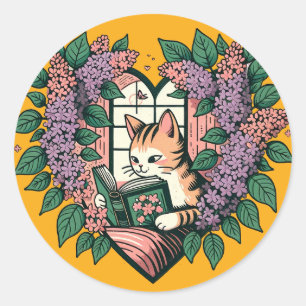 Pegatina Redonda Leyendo arte de Tabby Kitty Lilac