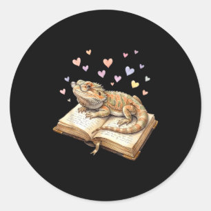 Pegatina Redonda Leyendo dragón barbudo amante del libro de reptile