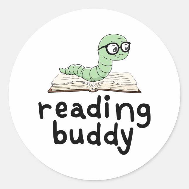 Pegatina Redonda Leyendo librero Buddy Cute con libro (Anverso)