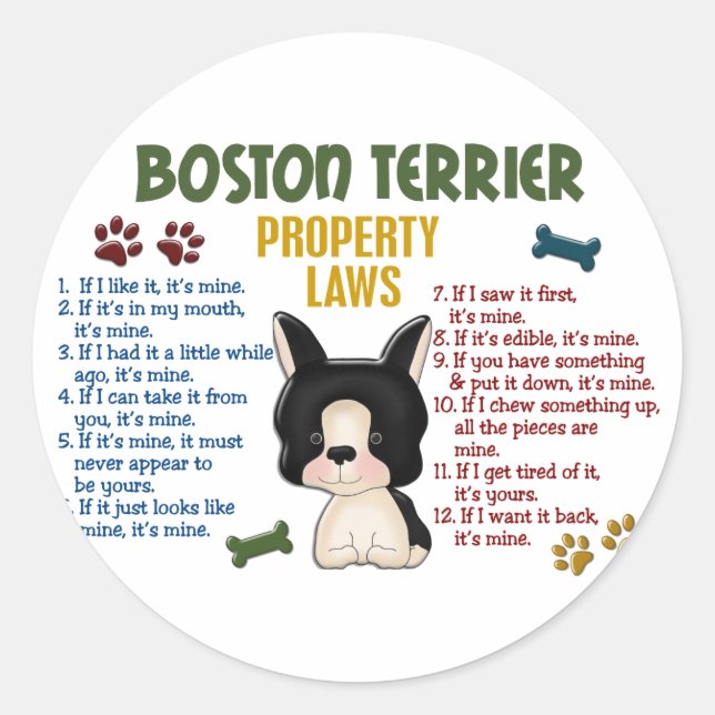 Pegatina Redonda Leyes de propiedad de Boston Terrier 4 (Anverso)