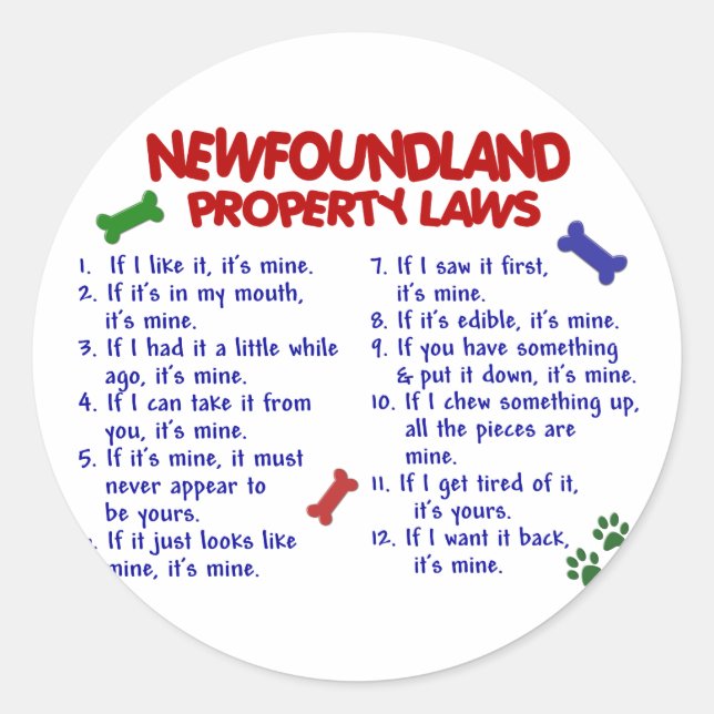Pegatina Redonda Leyes de propiedad de NEWFOUNDLAND 2 (Anverso)