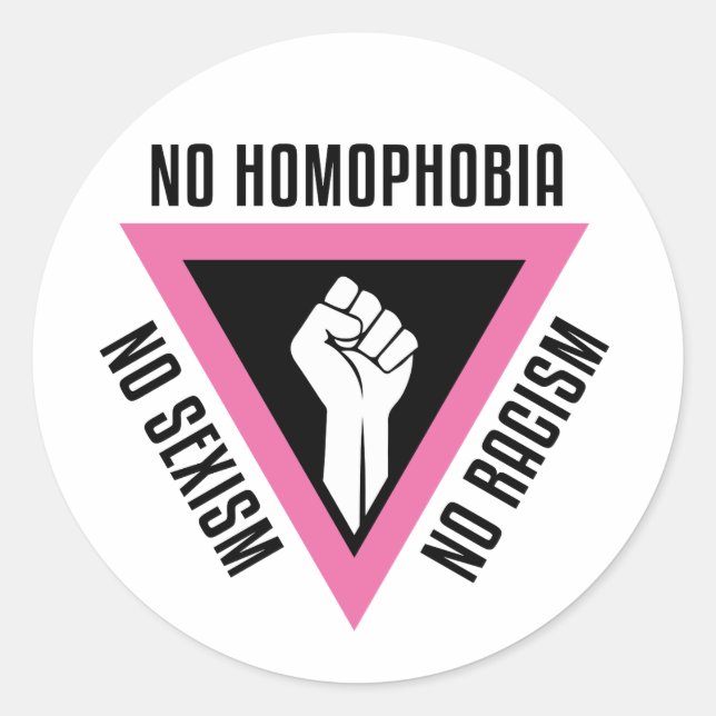 Pegatina Redonda LGBT - Puño levantado en triángulo rosa (Anverso)