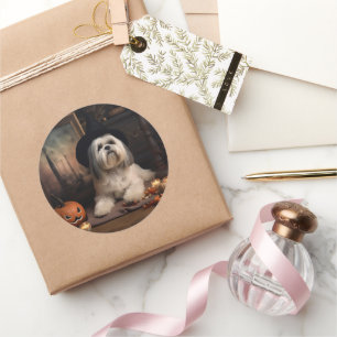 Pegatina Redonda Lhasa Apso Calabazas Halloween Aterradoras