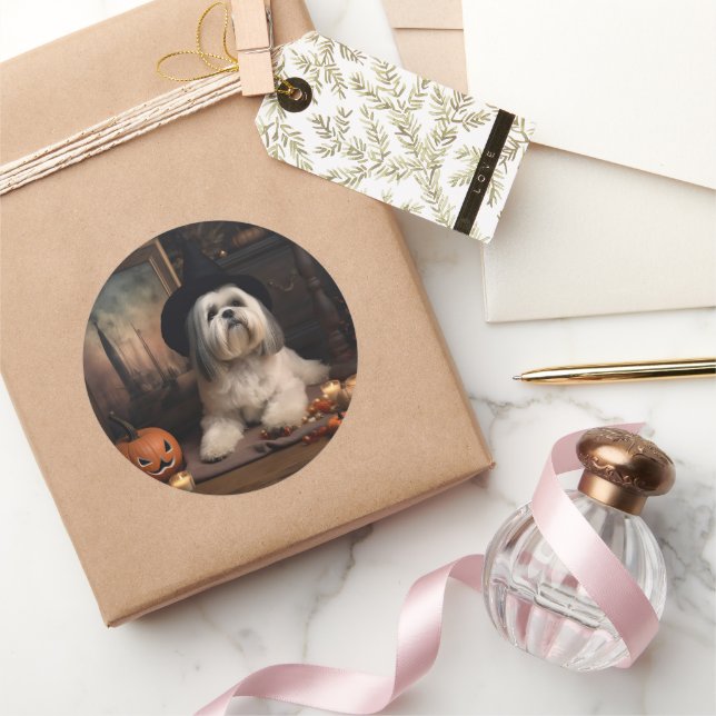 Pegatina Redonda Lhasa Apso Calabazas Halloween Aterradoras (Regalar)