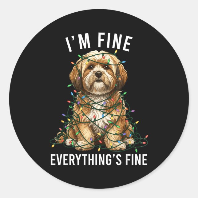 Pegatina Redonda Lhasa Apso Christmas I'm Fine Everything Is Fine  (Anverso)