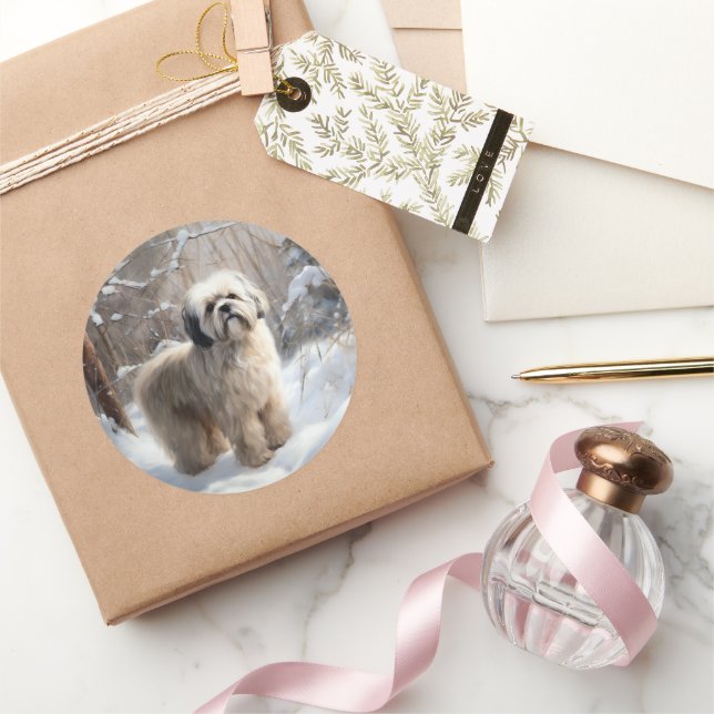 Pegatina Redonda Lhasa Apso Deja que nieve Navidad  (Regalar)