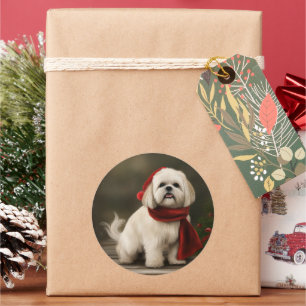 Pegatina Redonda Lhasa Apso Perro en Navidad Nieve