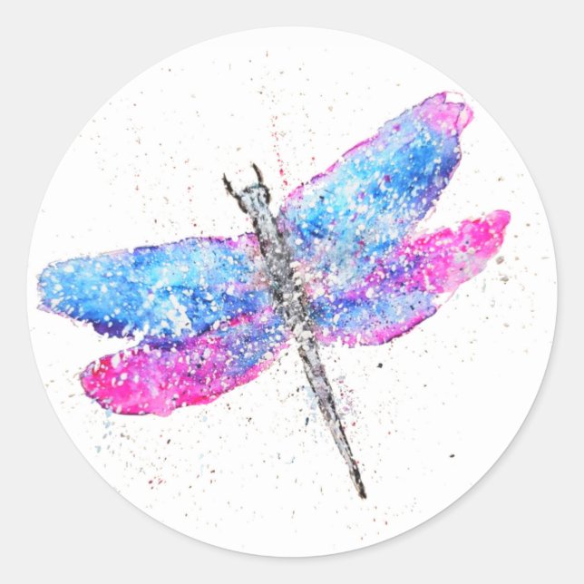 Pegatina Redonda Libélula acuarela rosa azul (Anverso)