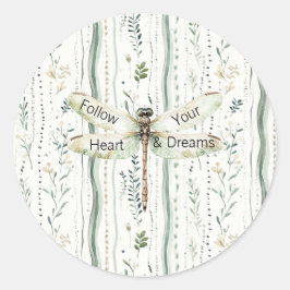 Pegatina Redonda Libélula Verde Blanco Chic Floral Inspirador 