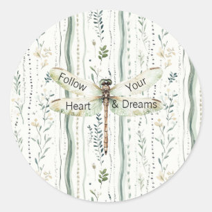 Pegatina Redonda Libélula Verde Blanco Chic Floral Inspirador