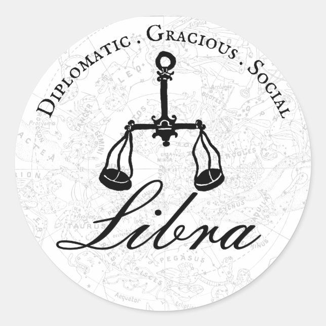 Pegatina Redonda Libra Zodiac Astrología Personalidad Blanco Negro (Anverso)