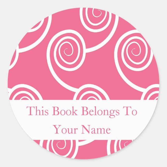 Pegatina Redonda Librería Personalizada -Swirl Blanco En Rosa (Anverso)