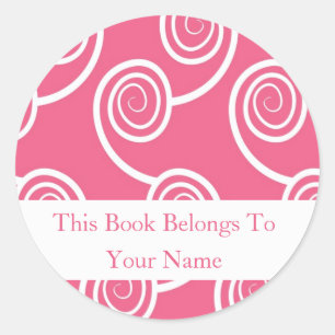 Pegatina Redonda Librería Personalizada -Swirl Blanco En Rosa