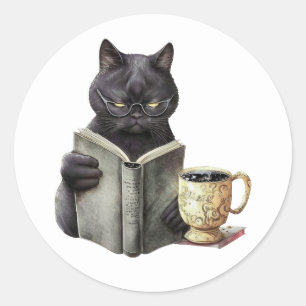 Pegatina Redonda Libro Amante Gato Negro Gusano De Libro Café Lectu