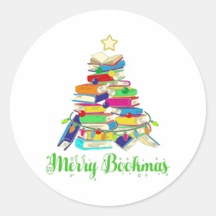 Pegatina Redonda Libro Árbol de Navidad, Navidades del amante del l