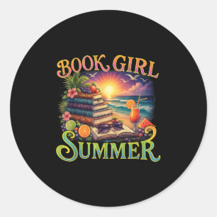 Pegatina Redonda Libro Chica Summer Funny libro de profesora estudi