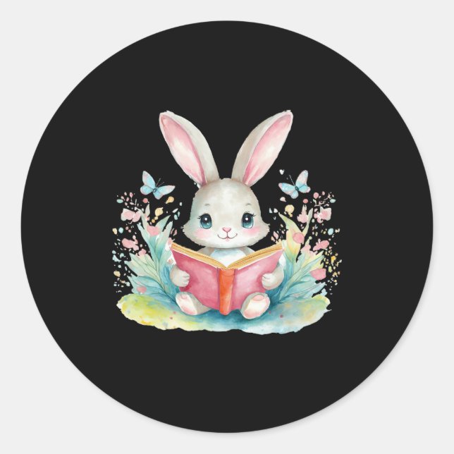Pegatina Redonda Libro de Acuarela de Conejo Adorable Leyendo Conej (Anverso)