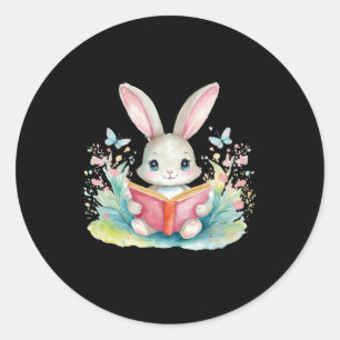 Pegatina Redonda Libro de acuarela de conejo lindo leyendo conejo