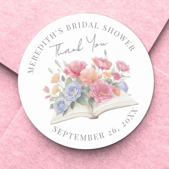 Pegatina Redonda Libro de Agradecimientos para Despedida de Soltera (Book Bridal Shower Thank You Classic Round Sticker)