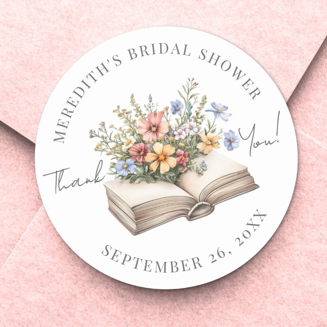 Pegatina Redonda Libro de Agradecimientos para Despedida de Soltera (Book Bridal Shower Thank You Classic Round Sticker)