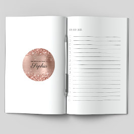 Pegatina Redonda Libro de Caligrafía Elegante con Hojas de Oro Rosa
