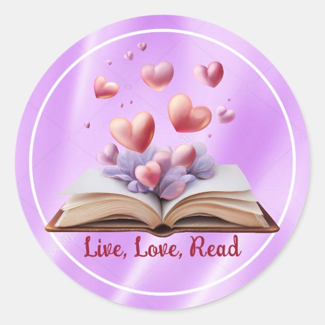 Pegatina Redonda Libro De Corazones Rosa (Anverso)