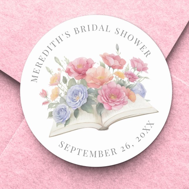 Pegatina Redonda Libro de Desayuno Nupcial Floral Acuarela (Book Watercolor Floral Bridal Shower Classic Round Sticker )