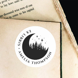 Pegatina Redonda Libro de Ex Libris de Crescent Moon Trees y Estrel