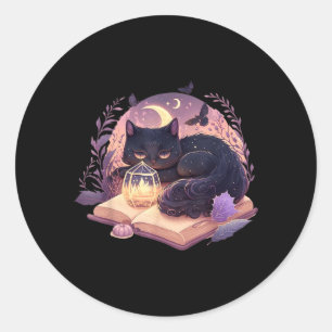 Pegatina Redonda Libro de hechizos de bruja gato negro Magia espelu