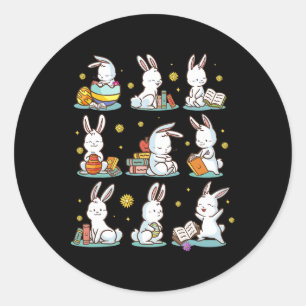 Pegatina Redonda Libro de lectura de Bunny Happy Easter Bookwords C