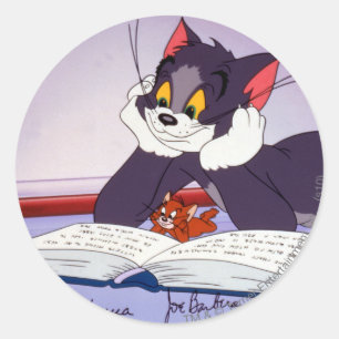 Pegatina Redonda Libro de lectura de Tom y Jerry dedicado