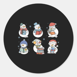 Pegatina Redonda Libro de lectura del muñeco de nieve de Navidad Re