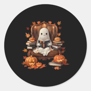 Pegatina Redonda Libro fantasma leyendo calabaza gótica teache de H