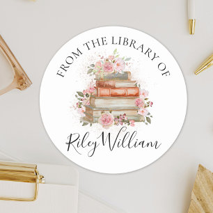 Pegatina Redonda Libros Antiguos Rosas De La Biblioteca de Exlibris