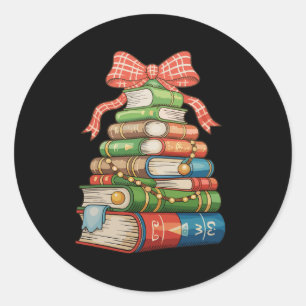 Pegatina Redonda Libros de árbol de Navidad Lectura Bibliotecario P